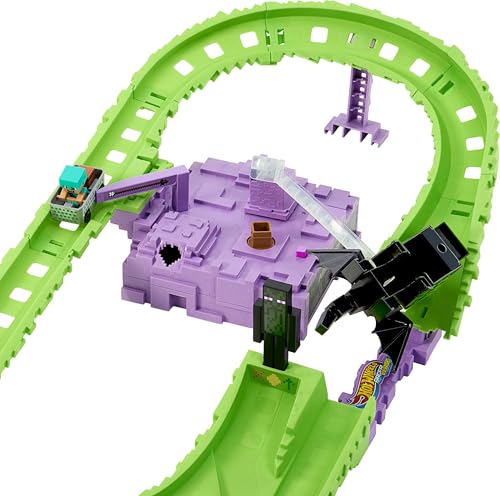 Image of Hot Wheels Toy Car Track Set, RacerVerse Minecraft Playset & Die-Cast Diamond Armor Steve in Minecart Vehicle, Launch & Race to Defeat Ender Dragon