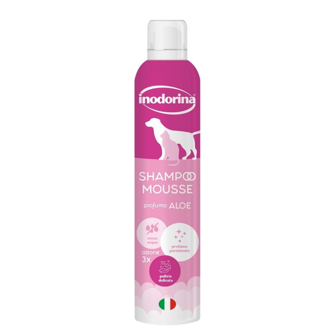 INODORINA Shampooing Sec pour Chiens, Chats et Chiots (300 ML, Parfum Aloe) - Mousse à Action émolliente et nettoyante - Respecte Le pH Naturel, idéal pour Les lavages fréquents