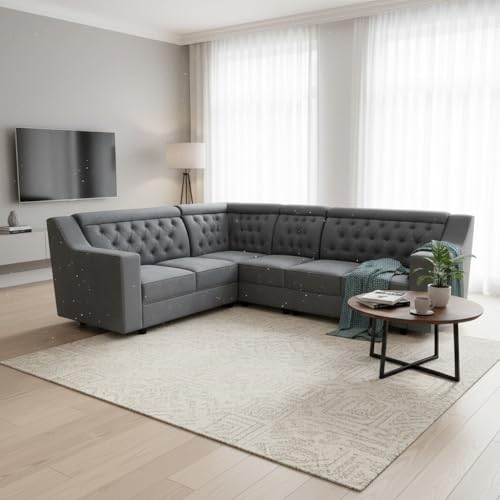 Image of APRODZ Wooden Sofa Set 6 Seater for Living Room, Solid Wood L Shape Sectional Sofa with Velvet Fabric Upholstery, Cushioned Seating for Home, Office & Lounge, Grey
