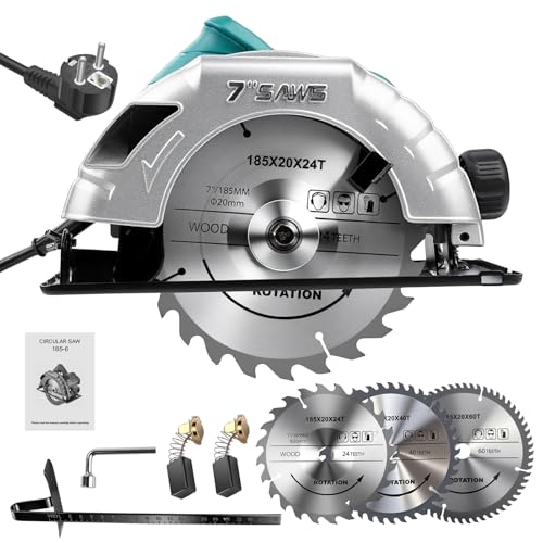 1200W Scie Circulaire Électrique, 220V 5200Tr/Min Puissante Vitesse Variable Angle Et Profondeur Réglables, Avec Lames 185 mm 24T/40T/60T, pour Le Travail Du Bois À Domicile, Tuyaux en PVC