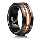 JEWPER 8mm Men Womens Wedding Band Tungsten Rings Black Hammer pattern Fashion Promise Carbide Inlaid Antlers Fire whiskey barrel wood Matte Finish Edge Comfort Fit Size(10)