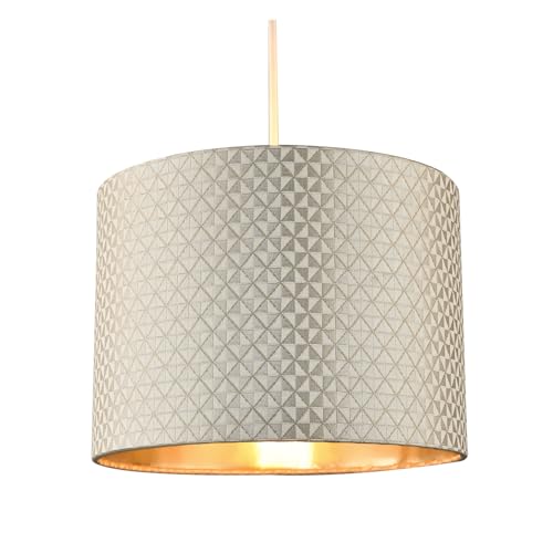 Designer Light Shimmer Taupe Drum Lampshade with Inner Champagne Gold Satin Lining | 18cm x 25cm | Squares and Diamonds Pattern by Happy Homewares - Image 3