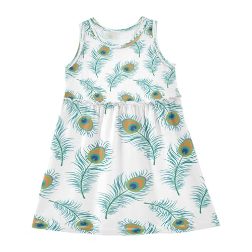 Girls Peacock Feather Dress Sleeveless Dress Summer Cotton Sundress 8Y