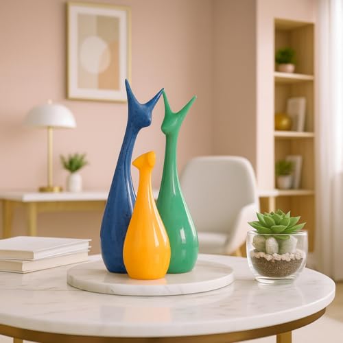 Image of Beautiful Home Decor Lucky Deer Statue Family Ceramic Statues - (Set of 3, Yellow Green & Blue)