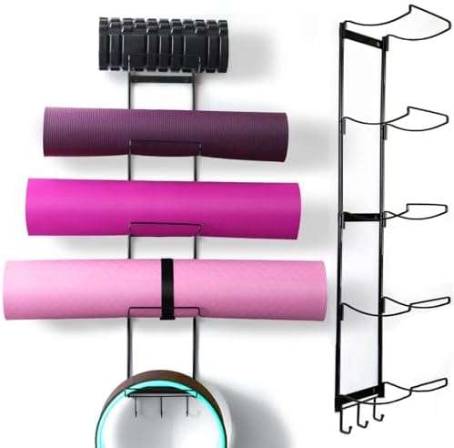2 Pack Yoga Mat Holder Wall Mount Yoga Mat Storage Shelf Rack Home Gym Accessories With Wood Floating Shelves And 4 Hooks For Hanging Foam Roller And Resistance Bands Home Gym Carbonized - View #14