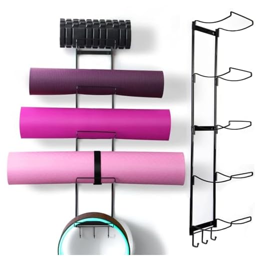 5-Tiers Yoga Mat Holder Wall Mount, Metal Storage Rack for Yoga Mat/Wheels, Foam Roller and Block, Wall Yoga Mat Rack with 3-Hooks for Hanging Stretching Strap, Resistance Bands, Yoga Accessories