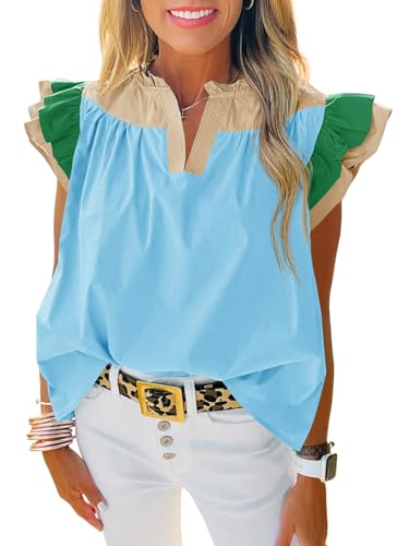 Tankaneo Womens Ruffle Color Block Tank Tops Summer Casual Dressy V Neck Pleated Blouse Loose Fit Sleeveless Shirts