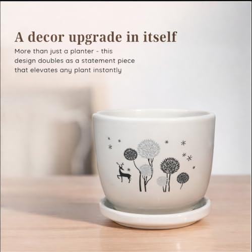Image of Urban Upvan Printed Design Ceramic Pot with Tray - Premium Decorative Planter for Indoor & Outdoor Plants, Modern Elegant Flower Pot for Home, Garden & Office
