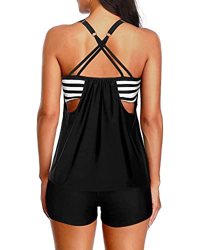 Yonique Tankini Swimsuits For Women Athletic Swim Tank Top With Boy Shorts Two Piece Tummy Control Bathing Suits Black&Stripe L #TOP1
