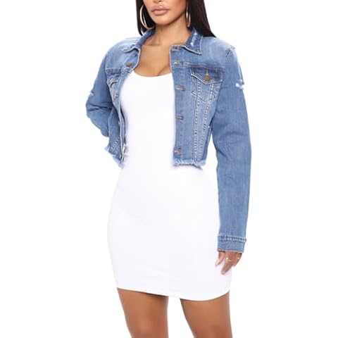 SheKiss Button Denim Jean Jacket for Women Distressed Frayed Ladies Ripped Stretchy Jacket With Pockets Blue Cover