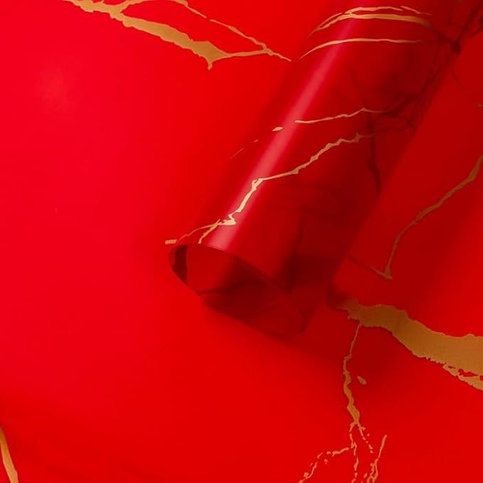 Zarwani - 10 Sheets Korean Style Waterproof Red Bouquet Wrapping Paper (58cm x 58cm, 60 Microns) | Marble Design, Giftwrap for Flowers & DIY Christmas Gift Wrapping Paper (10, Marble Red)