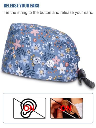 Image of 6 Pc Satin Lined Scrub Caps Women with Buttons Ponytail,Vintage | Surgical Caps for Nurses Various Departments, Adjustable Tie Back, Working Hats with Ponytail Hole, Soft Satin Lining