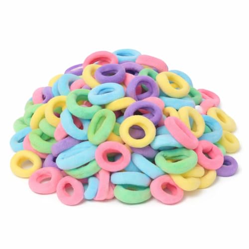Image of Frescorr (200 pcs) Baby Hair Ties | Soft No-Damage Premium Elastic Mini Rubber Bands for girls | Strong Stretch Ponytail Holders | Daily Use Hair Accessories | (100 Pastel &100 Black)