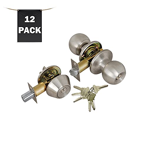 Grip Tight Tools Ed03C-12, Set Of 12 (Satin Stainless Steel) Combo Entry Lock Set Door Knob And Single Cylinder Deadbolt Alike: Sc1 Keyway With 72 Keys Included, 12 Count #TOP1