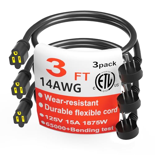 Image of HUANCHAIN 14 Gauge 3 Feet (3 Pack) Flat Plug Extension Cord Black Indoor Outdoor, Heavy Duty 3 Prong Grounded Low Profile Extension Wire Flexible, 15A 1875W 125V 14AWG SJTW, ETL Listed