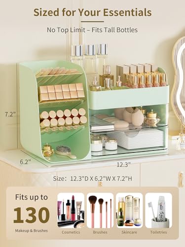 Image of Booklov Makeup Organizer for Vanity, Countertop Cosmetic Display Case with Clear Acrylic Drawers, Bathroom Counter Beauty Caddy, Cute Table Storage Holder for Skincare, Brush Lipsticks, Crystal Green