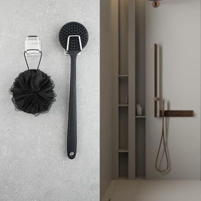 Self Adhesive Sink Caddy for Kitchen. Damage Free Removal, Rust Waterproof. Camper, Garage, Closet Wall Hook for Coat, Loofah, Towel. Cradle for Phone and Tablet. (Brushed Silver, 2-PK)