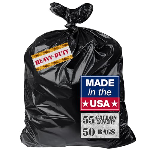 Extra Heavy Duty Black Contractor Garbage Bags 55 Gallon, 50 Trash Bags, Construction Grade, 3 mil, Made in USA