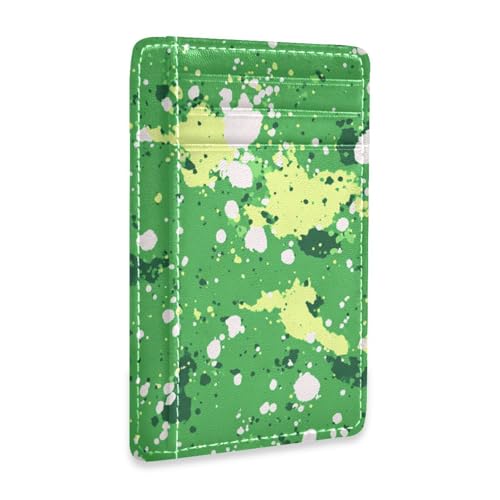 Green White Mottled Pattern leather slim front pocket wallet for men with money clip RFID Blocking small credit card wallet for Men and Women