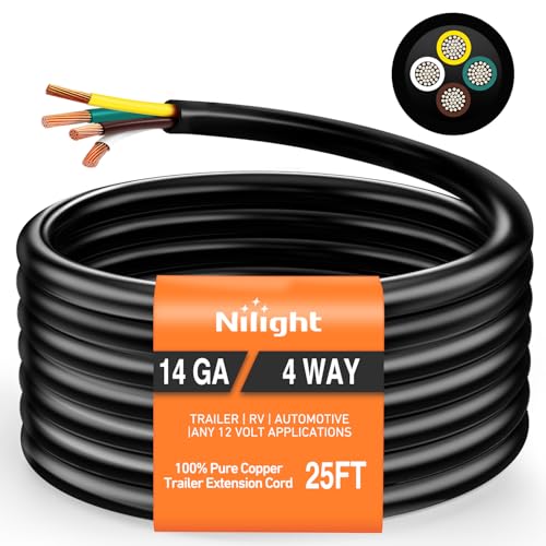 Nilight 25 Feet 4 Way Trailer Wire Extension Cable 14 Gauge 4 Conductor 100% Pure Copper Insulated Heavy Duty Weatherproof for 4 Pin Blade RV Automotive