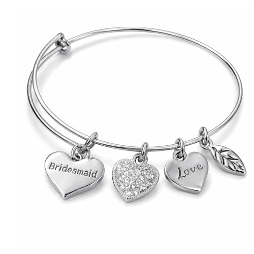 Infinity Collection Bridesmaid Charm Bangle Bracelet, Adjustable Silver-Tone Wire Bracelet with Heart, Love, Leaf & Crystal Charms – Wedding Party Gift for Bridesmaid