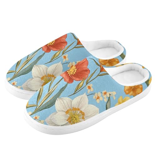JUNZAN Autumn Flowers Tulips Daffodil Gladiolus Blue Cotton Slippers for Men Lightweight Memory Foam Ladies Slippers for Outdoor Funny Presents 6-74