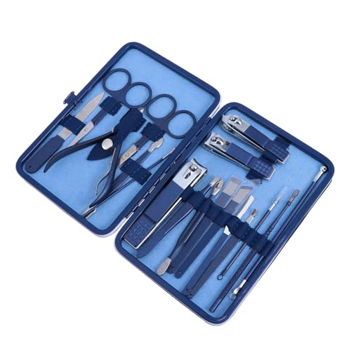 HAPINARY Juego De 18 Uds. juego de cortauñas Perforar implementos pulidora deslumbrar cuidado personal baul almacenamiento tijera de uñas profesional kit de manicura Acero inoxidable Blue