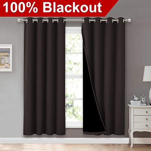 Image of NICETOWN 100% Blackout Window Curtain Panels, Full Light Blocking Drapes with Black Liner for Nursery, 72 inches Drop Thermal Bedroom Drapes and Curtains (Brown, 2 Pieces, 52 inches Wide Per Panel)