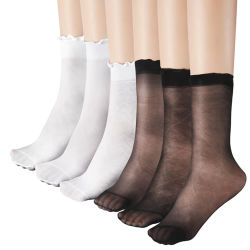 6 Pairs Sheer Ruffled Socks, Black Sheer Nylon Socks for Women, Nude Stocking Summer Sheer Nylon Scok One Size for Women Girls Thin Fashion Black White