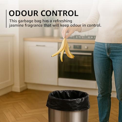 Image of Amazon Basics Multipurpose Drawstring Garbage Bags | Medium | 120 Count | 30 Bags x Pack of 4 | Heavy Duty | Jasmine Fragrance | Odour Control | No Tearing Needed