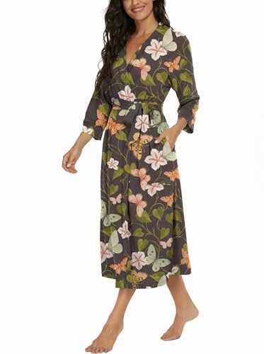 Image of VINTATRE Robes for Women Long Knit Bathrobe XS-4XL | 3 /4 Sleeve Bathrobes with Pockets, Stretchy and Lightweight Fabric, Inner Tie and Fixed Outer Matching Belt, Mid Calf Length