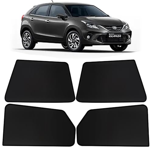 Image of OTO2EYE Car Sun Shade Compatible for Toyota Glanza Model 2019 to 2022, Z-Black Fix Type Side Window Curtains, Only Half Cut in Front Window, 4 Pieces Set