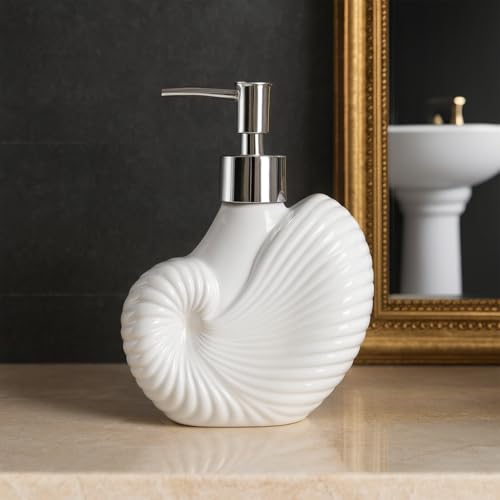 Image of Whizzo Ceramic Shell Shaped Liquid Soap Dispenser with Chrome Pump | Elegant Bathroom & Kitchen Accessory | White Glossy Finish | Refillable Handwash Lotion Bottle (420ML, LD-212, Design4)