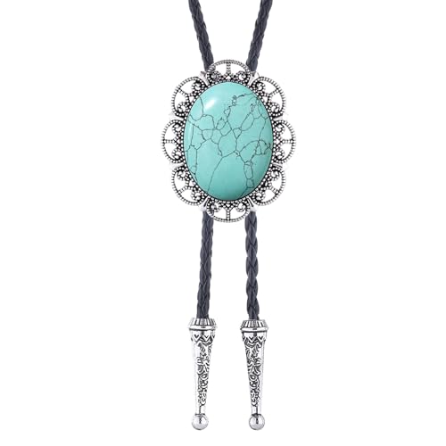 Image of Jeilwiy Bolo Tie for Men Real Stone Westwern Cowboy Ties Silver Bolos Women Leather Necktie Gift for Birthday Christmas
