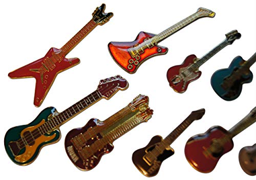 Novel Merk 10-Piece Electric & Acoustic Guitar Flying V, Stratocaster, Multi Color Lapel Pin Or Hat Pin & Tie Tack Set With Clutch Back #TOP3