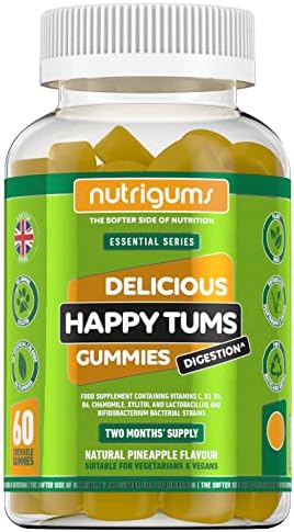 NUTRIGUMS® Happy TUMS (Probiotics) 60 Vegan Gummies. Pineapple Flavour. Gut & Digestive Health 1.25 Billion CFU Probiotics, Vitamins C, B3, B5, B6, Chamomile and Xylitol. for Adults + Kids Age 5+