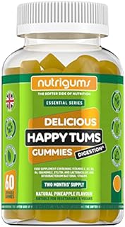 NUTRIGUMS® Happy TUMS (Probiotics) 60 Vegan Gummies. Pineapple Flavour. Gut & Digestive Health 1.25 Billion CFU Probiotics, Vitamins C, B3, B5, B6, Chamomile and Xylitol. for Adults + Kids Age 5+