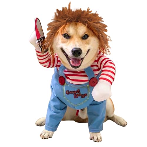 Dog Halloween Costume Funny Chucky Dog Costume with Pet Wig Cosplay Scary Outfit with Knife Clothes for Dogs (Medium)