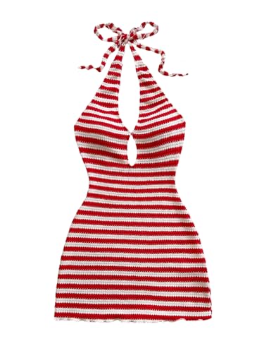 Image of GORGLITTER Women's Vacation Outfit Crochet Halter Knit Bubble Mini Dress Sexy Beach Cruise Summer Miami Resort Outfits