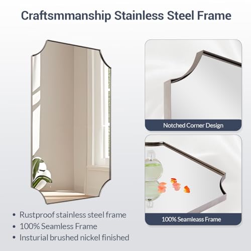 Image of MIRRORART Contemporary Scalloped Brushed Nickel Bathroom Mirror 24x40''