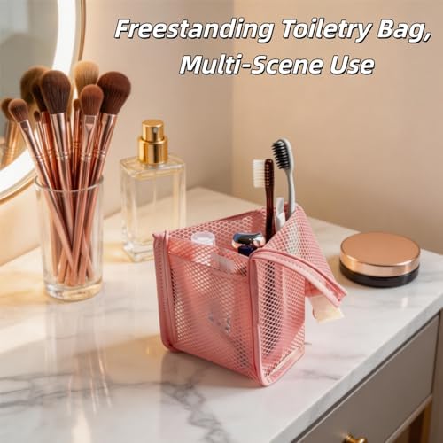 Chasefun 2PCS Standing Toiletry Bag, Foldable Clear Hanging Travel Cosmetic Bag, Large Capacity Waterproof EVA Organizer for Toothbrush & Toiletries (Pink+White) - 4