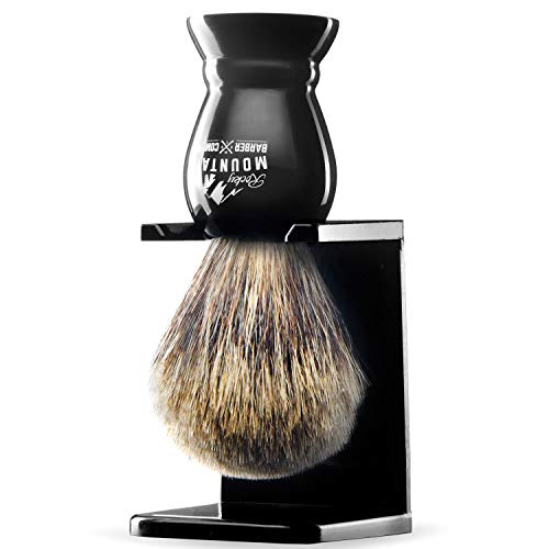 Shaving Brush With Stand - Rocky Mountain Barber Pure 100% Best Badger Hair Barber Grade With Black Heavy Duty All-Resin Handle And Oversized Bristle Head For Better Shaving Cream Lather #TOP3
