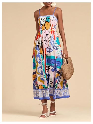 Image of WDIRARA Women's Boho Floral Sleeveless Ruffle Maxi Dress Tropical Graphic Tie Shoulder Smocked Cami Dresses