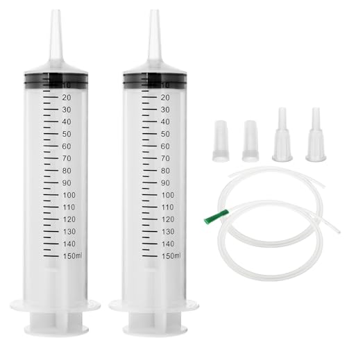150ml Large Capacity Syringe with Tube Catheter - 2Pcs Reusable Plastic Syringe Set for Pet Feeding, Liquid Measuring No Needle Feeding Syringes, Individually Wrapped