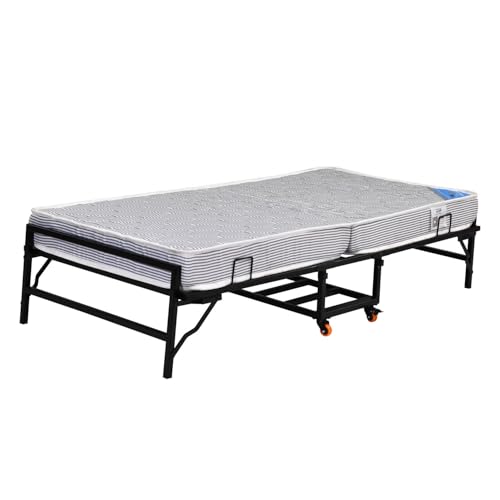 Image of Nilkamal Zoe Metal Folding Bed with 6 Inch Single Size Mattress | Space Saving Portable Rollaway Bed with Lockable Wheels| Ideal for Homes, Guest Rooms, Hostels and Dorms | Black
