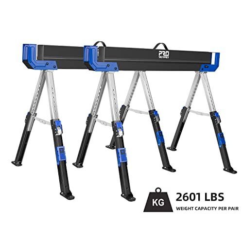 Prostormer Saw Horses 2 Pack Folding, Portable Heavy Duty Sawhorse with 2601 lbs Weight Capacity Per Pair, Adjustable Legs, Easy Carry Handle - Ideal for Home, Garage, and DIY Projects