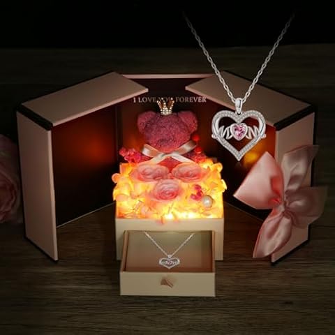 WILDLOVE Valentines Day Gifts for Mom, Preserved Rose Bear Gift Box, Forever Flowers Gifts for Mom from Daughter Son, I Love You Mom Gifts for Birthday, Mothers Day, Christmas or Any Special Day, Pink Cover