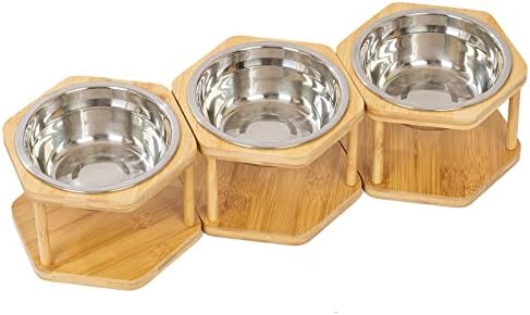 Lusifaco Set of 3 Single Elevated Cat Bowls, Stainless Steel Raised Cat Food Water Bowl with Bamboo Stand, Pet Dishes Stand Feeder with Anti Slip Feet for Cats and Small Dogs, 13 oz(Stainless Steel)
