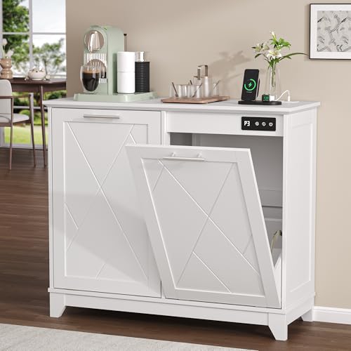 Image of Double Tilt Out Trash Can Cabinet with Charging Station, Negative Ion Odor Control, Hidden Dual 10-Gallon Recycling Cabinet, Dog Proof Garbage Can for Kitchen, Laundry, Dining Room,White