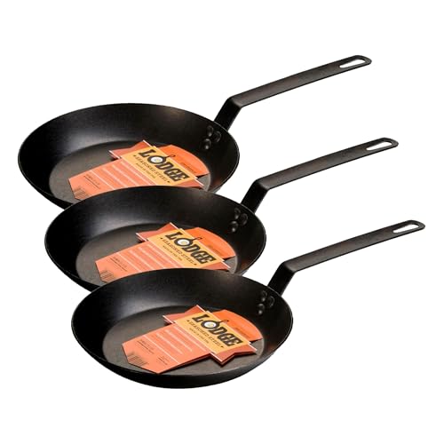 Image of Lodge Seasoned Carbon Steel Skillet - Lightweight High Heat Frying Pan with Long Handle - Quick Temperature Response - Ideal for Searing & Sauteing, 10 Inch (Pack of 3)
